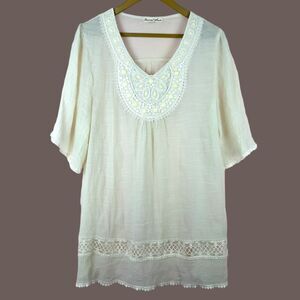 Pleasant Shade Crochet Trim Beaded Tunic Top Ivory Boho Size L